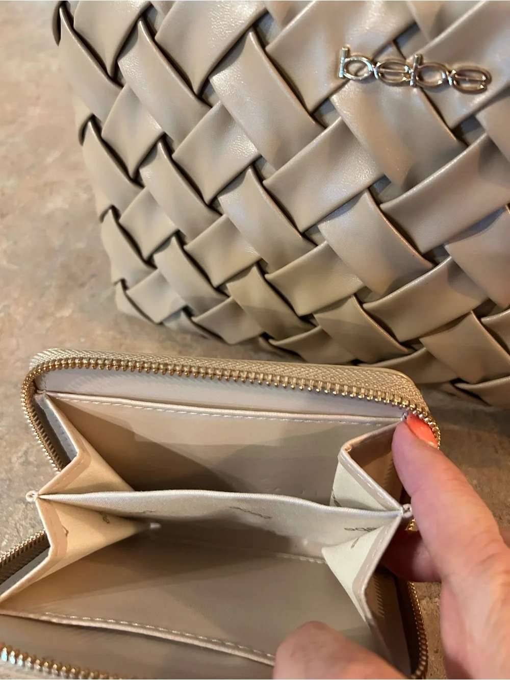 bebe Woven Satchel and Zip Wallet in Nude Beige with crossbody strap